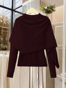 SHEIN Lacomfia رمضان بونشو كنزة صوفية نسائي 2 في 1 - عنابي اللون - مشاهدة 1