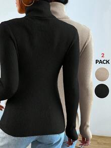 Modelyn 2pcs Women Casual Everyday Commute Simple Solid Color Ribbed Knit Turtleneck Slim Fit Sweater, Autumn/Winter - Black - View 2
