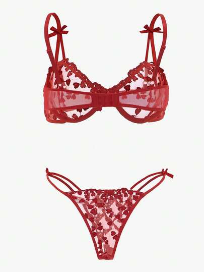 PetitDoll Geborduurde Mesh Underwire Verleidelijke BH Slipje Lingerie Set view 2