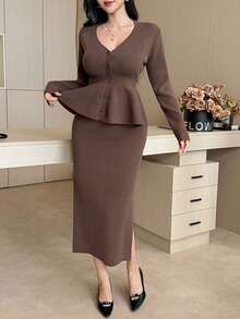 DAZY 2pcs Women V-Neck Dropped Shoulder Long Sleeve Ruffle Hem Knit Sweater Set - Grey - View 2