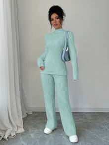 SHEIN PETITE 女款薄荷綠兩件式針織毛衣套裝，秋季休閒居家服，優雅專業辦公通勤裝，復古街頭風米色上衣，適合嬌小女性 - 薄荷綠 - 查看 4