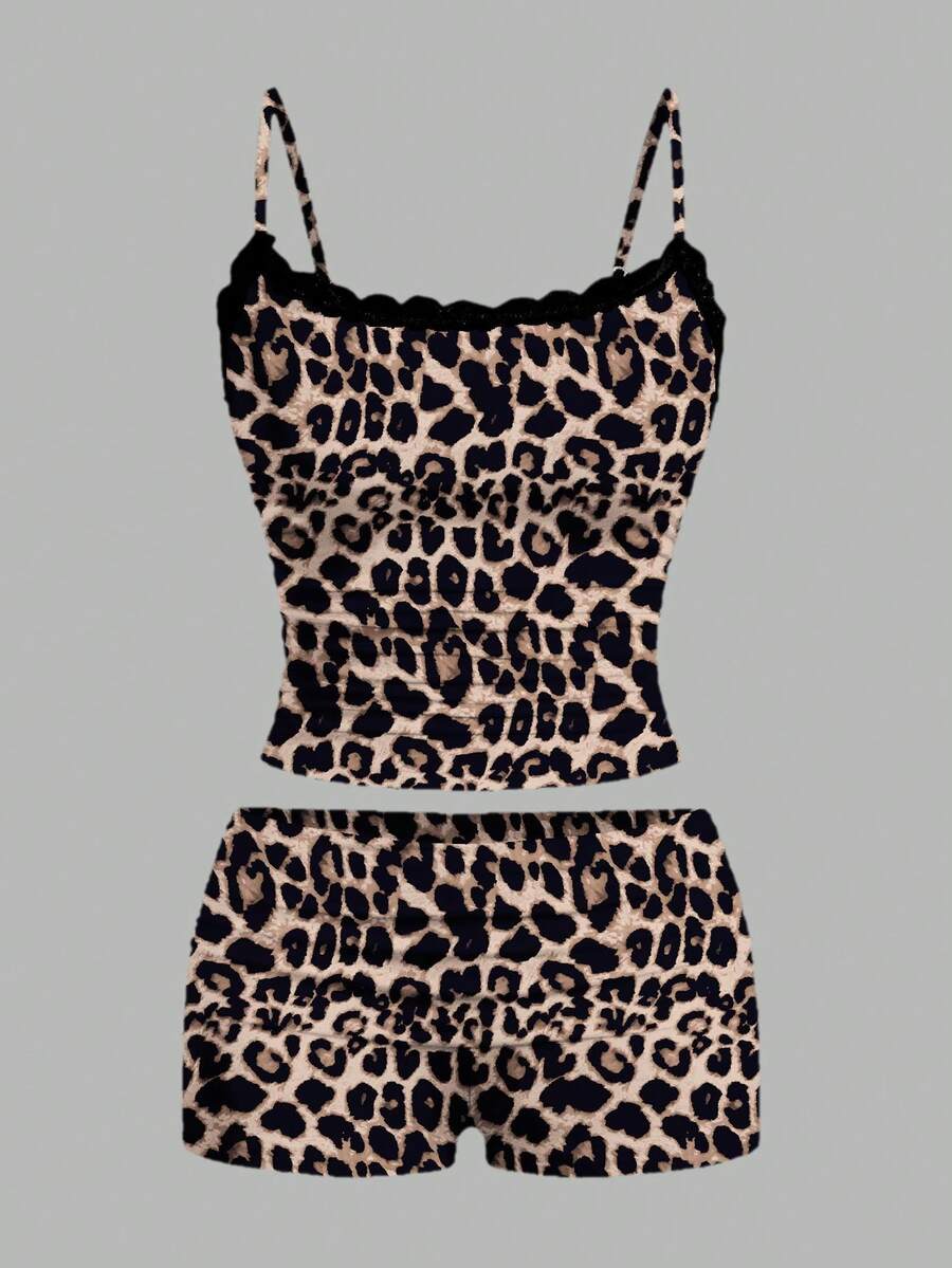 SHEIN EZwear 女士休闲豹纹蕾丝吊带背心短裤两件套,适合夏季穿着 - 彩色 - 查看 1