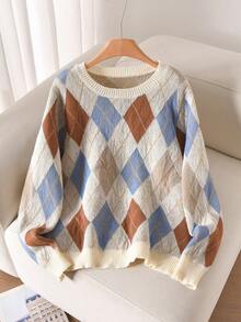 CosyJoli Áo len dệt kim họa tiết kim cương cổ tròn rộng rãi, vai trễ, họa tiết kẻ caro Jacquard cỡ lớn - Nhiều màu - Xem 1