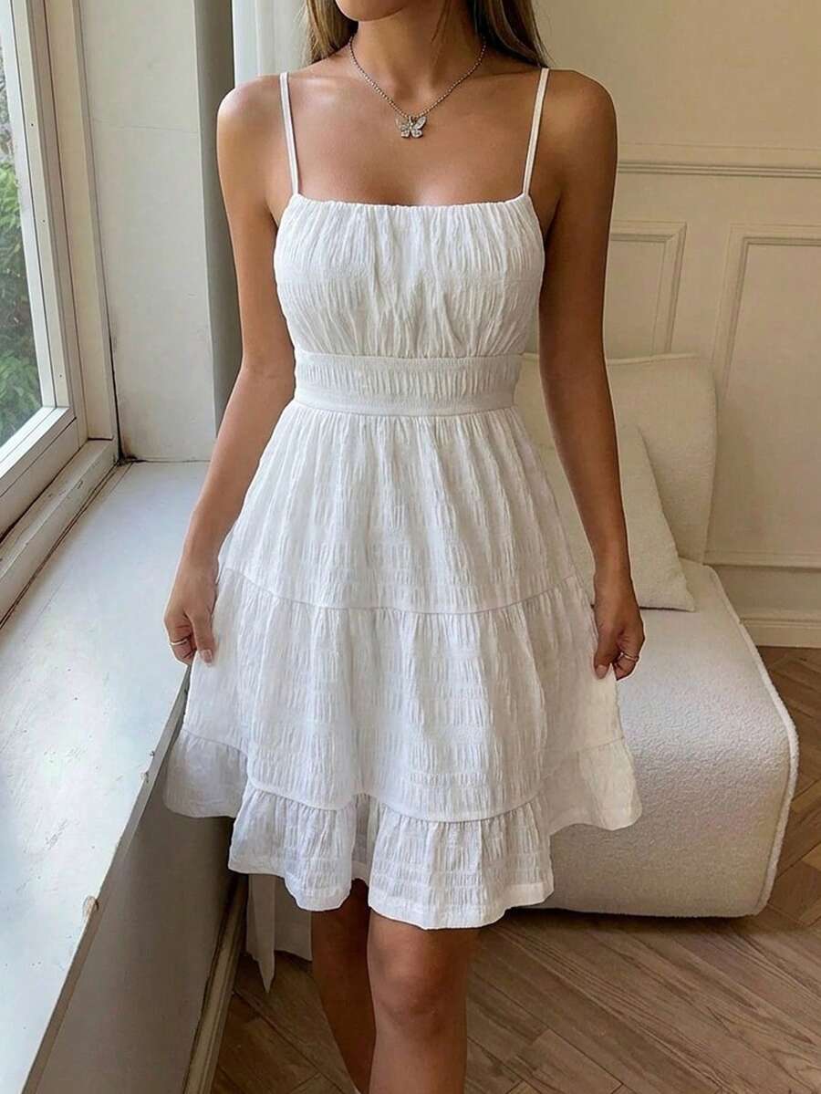 SHEIN EZwear Ruched Bust Shirred Back Ruffle Hem Cami Dress,White Graduation Dress - White - View 1
