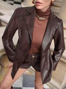 Lavishia Áo khoác blazer nữ thời trang đường phố co giãn PU màu nâu Mocha - Nhiều màu - Xem 4