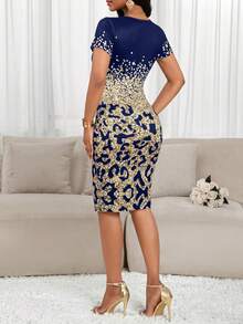 SHEIN Lady Plus Size Leopard Gradient Print Round Neck Short Sleeve Mid-Length Fitted Dress For Holiday Party,Birthday&Event Leopard Print Royal Blue Elegant Dress Women Pencil Dress For Women Bodycon Summer Dress Luxury Dress For Women Rehersal Dinner Dress  Spring Summer Dress  Party Dress  Birthday Dress Elegant Dresses For Women Royal Blue Bodycon Dress Leopard Print Dress Women Summer Dress Carnival Costume - Navy Blue - View 2