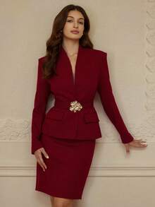 Aveloria Modichic Women's Asymmetric Waist Belt Collarless Long Sleeve Blazer & Pencil Skirt Suit Set - Red - View 3