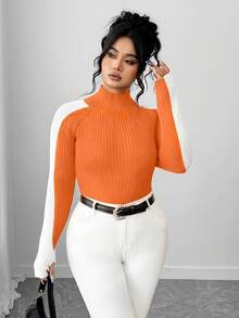 Elenzga Plus Size Slim Fit Colorblock Turtleneck Long Sleeve Sweater - Orange - View 3
