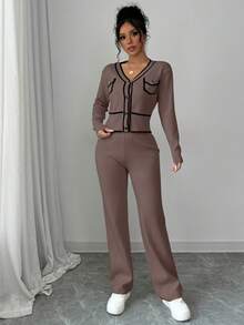 Elenzga 2pcs Elegant Sweater Set: Contrast Trim V-Neck Button Front Long Sleeve Top And Solid Color Pants - Mocha Brown - View 5