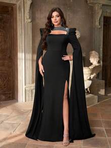 Aureia Plus Size Elegant& Black Spring Formal Evening Prom Gown,Silver Rhinestone Trim, Hollow-Out,Extra Long Flutter Sleeves,High Side Slit - Black - View 6