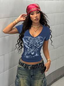 StreetHx 女士哥特式花卉印花水钻V领短袖修身街头T恤，朋克风V领复古T恤 - 寶藍色 - 查看 5