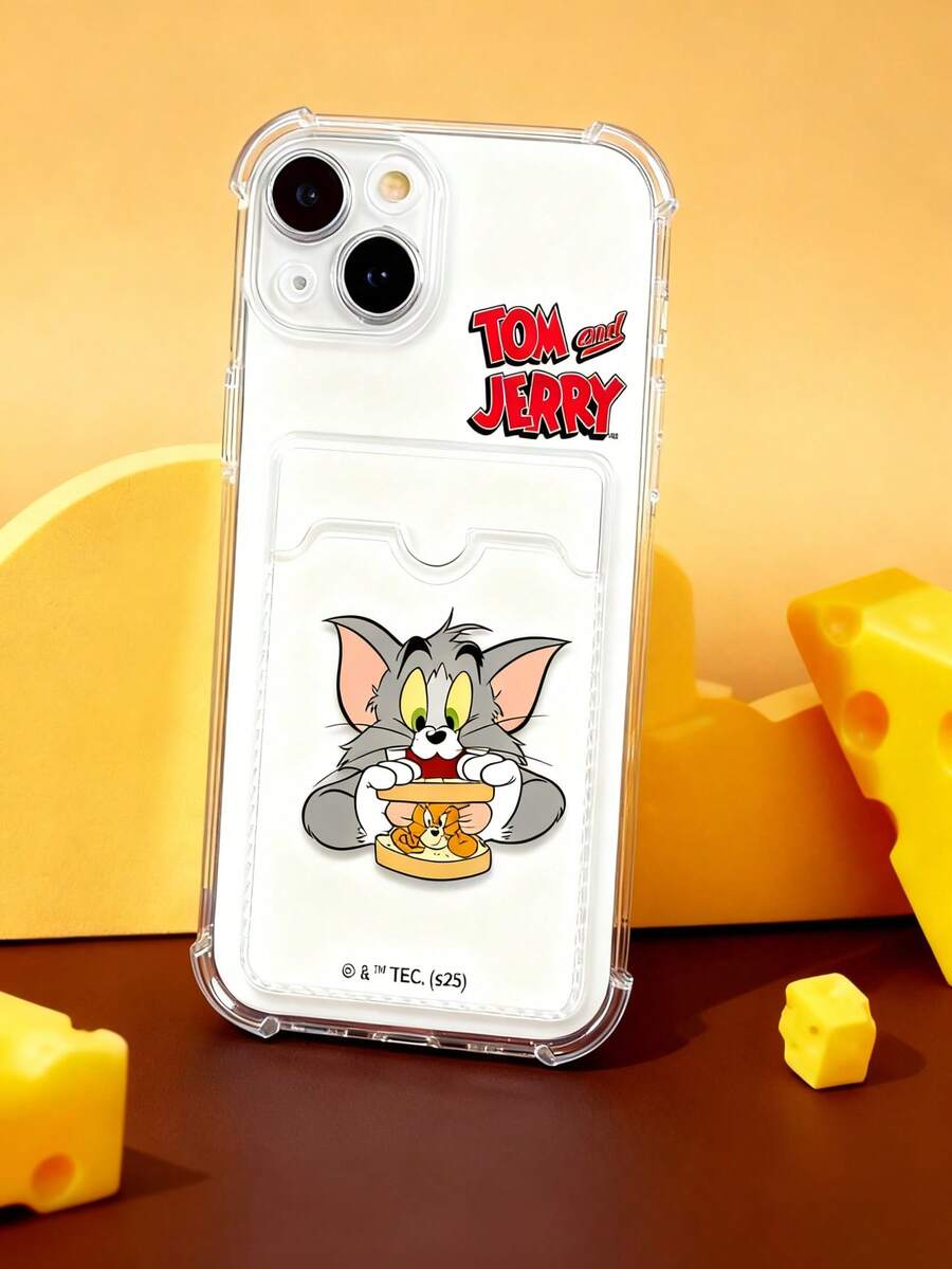 Tom and Jerry Artist x SHEIN Funda de teléfono transparente con portacartas, cubierta protectora linda y divertida compatible con iPhone - Multicolor - Ver 1