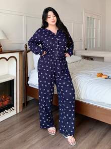 Dazy Plus 2pcs Plus Size Women Casual Bow Print Loose Pajama Set, Comfortable Home Wear For Spring & Autumn - Navy Blue - View 7