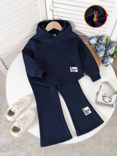 Genkimix Kids 两件套女童紫色连帽卫衣，不对称下摆，喇叭裤，纯色，贴布设计，适合家庭聚会、郊游、返校、春秋季穿着。