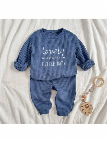 Loomiva 2 Stücke Baby Jungen Set aus Buchstaben-Muster Weich-Strick Rundhals Langarm Top und Hose mit Gummibund