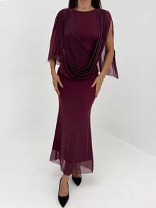 Aloruh Eggplant Purple Asymmetrical Sleeve Bodycon Mesh Party Dress For Women - Red Violet - View 7
