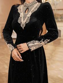 DAZY فستان طويل أنيق من الفلفت والترتر للنساء، ذو تأثير نحيف على الطراز الفرنسي الراقي، فستان حفلة خريف/شتاء - الأسود - مشاهدة 5