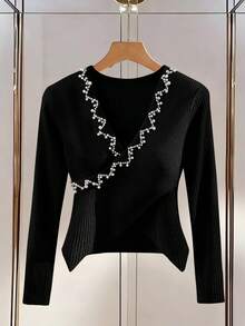 Selianne 大码女式纯色长袖T恤，饰有串珠，秋季百搭T恤 - 黑色 - 查看 1