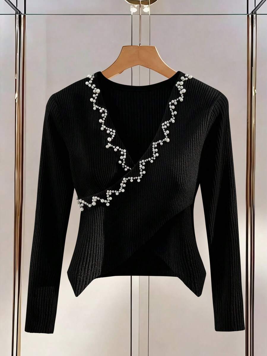 Selianne 大码女式纯色长袖T恤，饰有串珠，秋季百搭T恤 - 黑色 - 查看 1