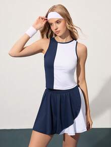 CourtClass 女士圆领无袖休闲撞色拼接网球上衣，夏季