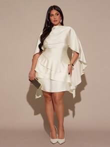 SHEIN BAE 大码女式缎面不对称下摆可调节肩带露背披肩领连衣裙，秋冬款 - 杏色 - 查看 5