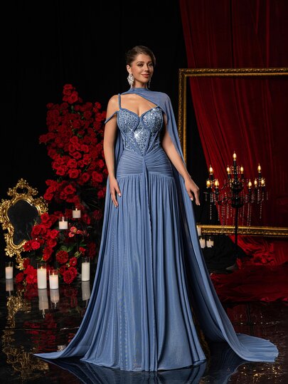 Glamrae Elegant, Romantic, Fashionable Gray-Blue Elastic Mesh Fabric Sequin Patchwork, Fishbone Shaping, Halter Flounce, Fish Tail Hem, Trailing, Fashionable, Internet Celebrity, Festival, Holiday, Birthday Party, Wedding Event, Formal Dinner Dress