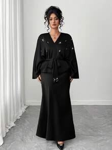 Elenzga Bộ 2 món áo cánh đính đinh tán thời trang thanh lịch dành cho nữ cỡ lớn và chân váy bó eo, trang phục dự tiệc - màu đen - Xem 5