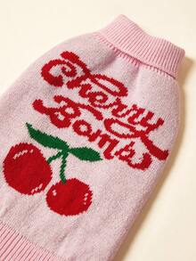 PETSIN 1件宠物猫狗通用粉色樱桃图案时尚可爱针织提花保暖舒适弹力无袖高领狗狗毛衣 - 粉色 - 查看 7