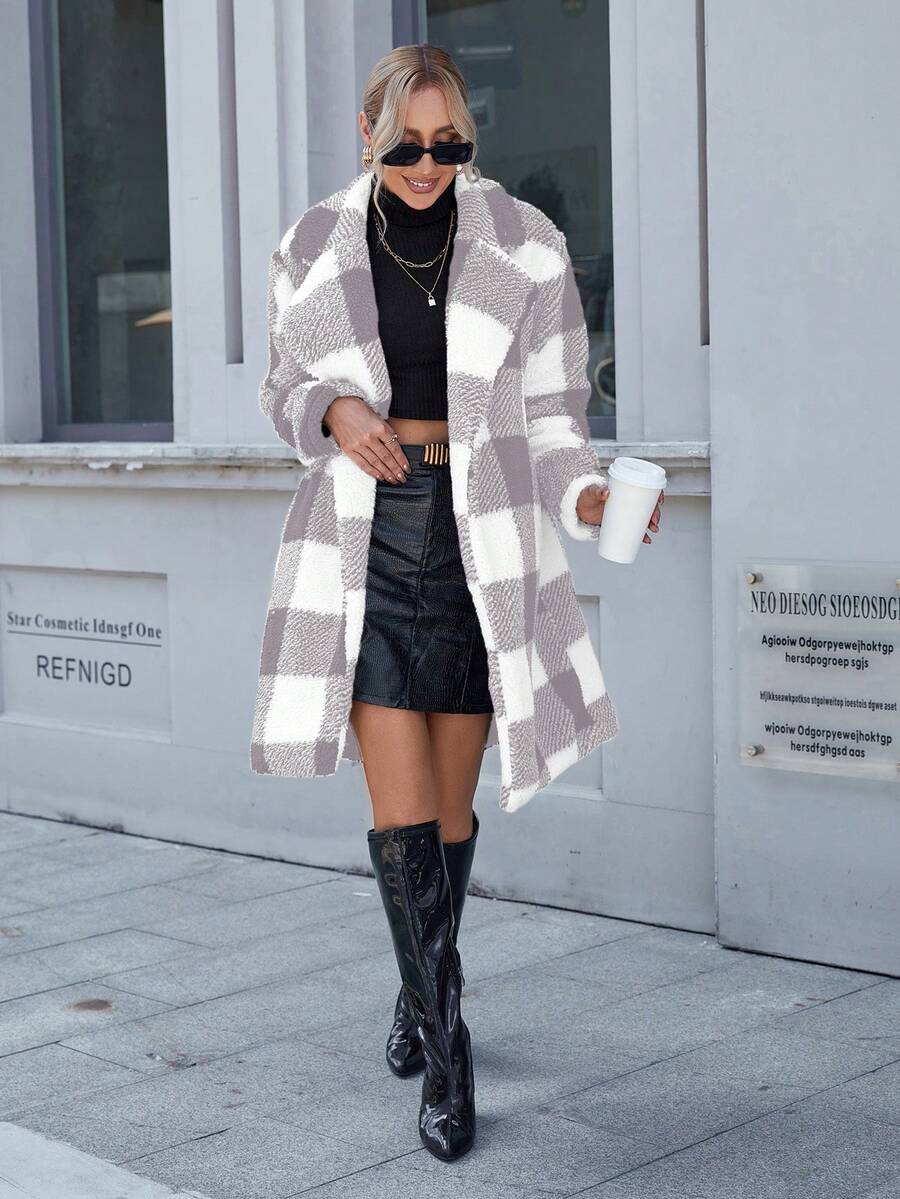 SHEIN Clasi Plaid Lapel Collar Fashionable Drop Shoulder Long Sleeve Versatile Winter Coat - Multicolor - View 1