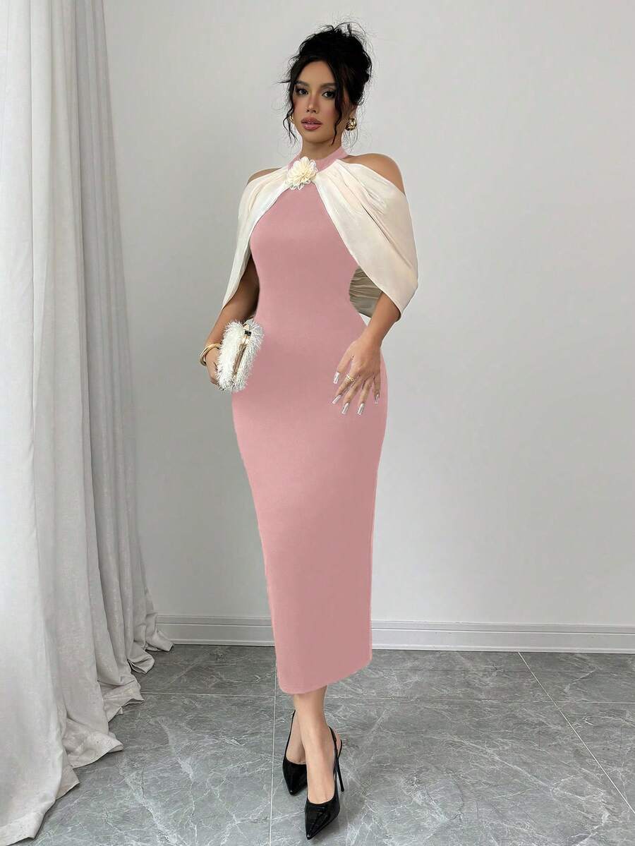 Elenzga Color Block 3D Floral Decor Off Shoulder Casual Dress Maxi Women Outfit - Dusty Pink - View 1