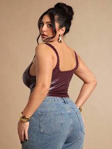 SHEIN BAE Plus Size Women's Burgundy Lace PU Bustier, Fishbone Bodysuit,Autumn/Winter Solid Wine Red Elastic PU Camisole, Women's Bralette, Wine Red Bra Top, Ladies' Vest Cami, Autumn/Winter Base Layer Cami, Party Cocktail Event - Burgundy - View 4