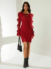 Chiquease Sexy Bow V-Neck Fitted Knit Dress - Red - View 3