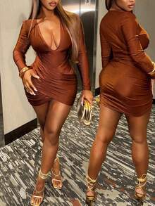 BamGleam 女士纯色深V领长袖褶皱修身性感时尚连衣裙 - 棕色 - 查看 1