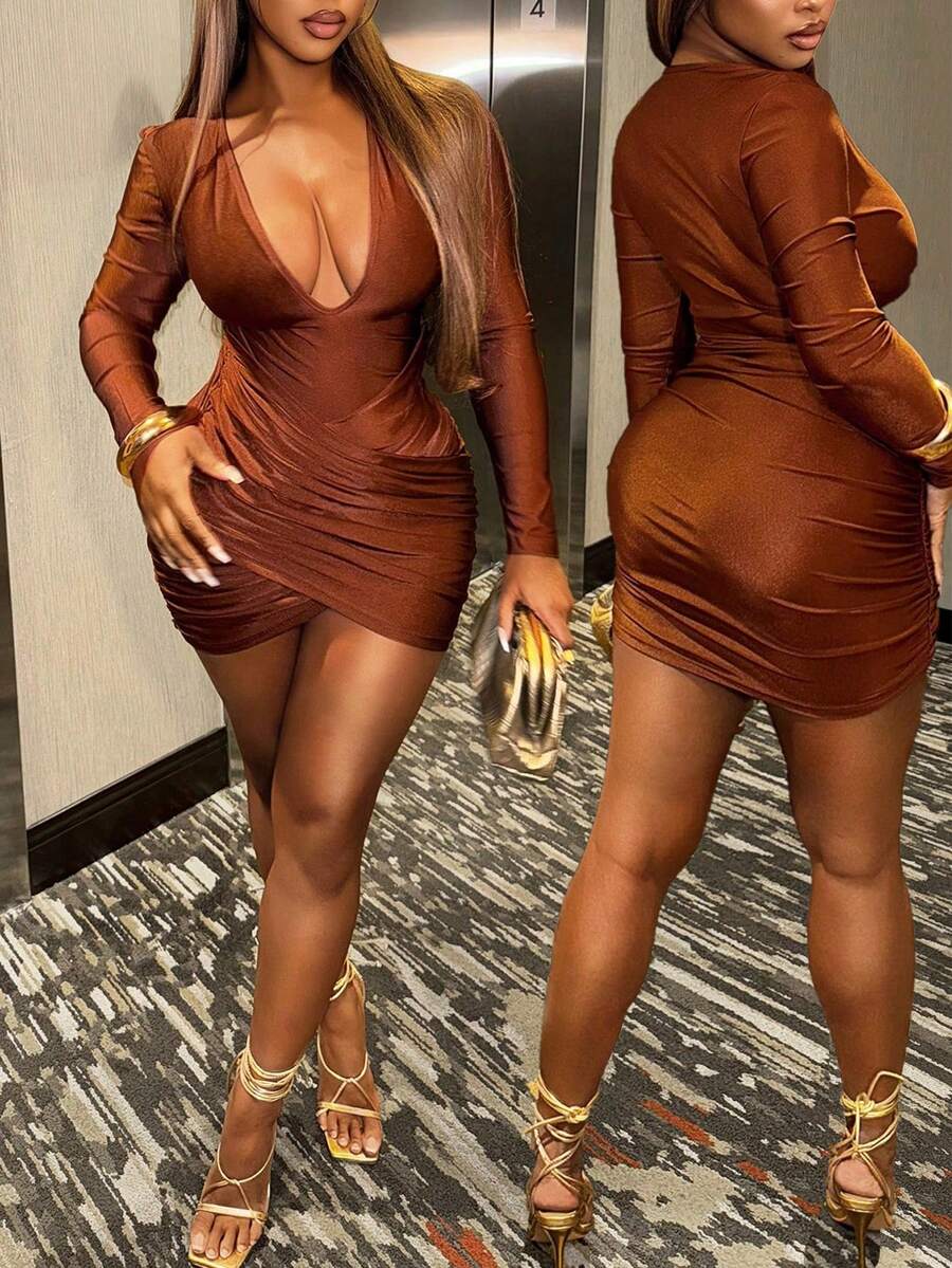 BamGleam 女士纯色深V领长袖褶皱修身性感时尚连衣裙 - 棕色 - 查看 1