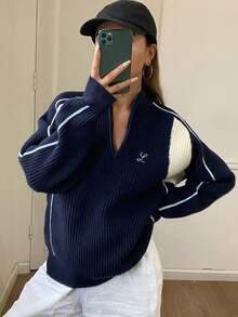 DAZY Women's Patchwork Contrast Color Embroidery Loose Stand Collar Long Sleeve Casual Street Knit Sweater, Autumn/Winter - Navy Blue - View 1