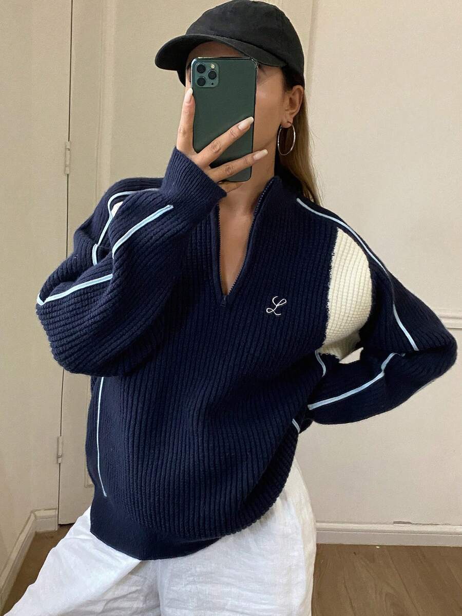 DAZY Women's Patchwork Contrast Color Embroidery Loose Stand Collar Long Sleeve Casual Street Knit Sweater, Autumn/Winter - Navy Blue - View 1