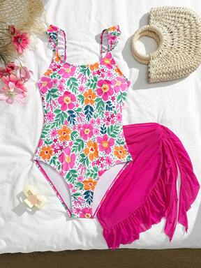 SHEIN Teen Girls Cute Floral Print Knit Fabric Spaghetti Strap Ruffle One-Piece Swimsuit With Ruffled Triangle Scarf, Fashionable Design Casual Modest Elegant, Suitable For Beach, Swimming, Vacation, Summer Summer Vacation Thermal Christmas Holiday Festival New Years Valentines Swim