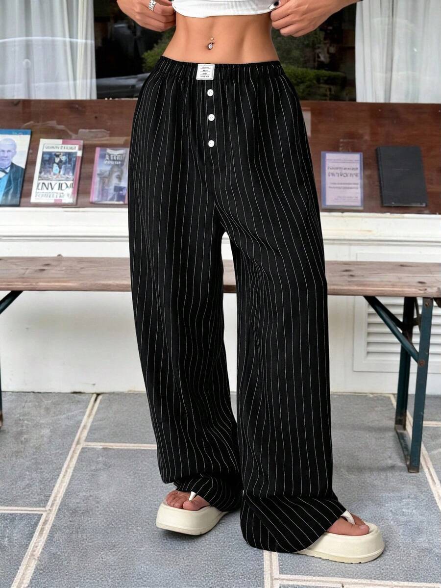 Muchica 女士休闲条纹阔腿裤 - 黑色 - 查看 1