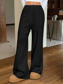 SHEIN EZwear 女士黑色抽绳腰宽松直筒罗纹针织毛裤，秋冬季款 - 黑色 - 查看 4