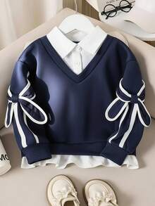 SHEIN Sparklyn Teen Girl Casual Pullover Sweatshirt, 2 In 1 Sweatshirt With Shirt Collar, Numeric & Letter, Leopard Print Pattern, Loose Fit - Navy Blue - View 3