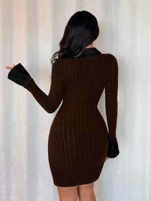 Rafferiza 女士黑色二合一紧身性感优雅磨毛罗纹修身迷你连衣裙，秋冬款 - 咖啡 - 查看 2