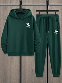 Manfinity Homme Bộ 2 quần nỉ và áo nỉ in chữ NY đơn giản, phong cách tối giản dành cho nam, mùa thu/đông - Màu xanh lá cây đậm - Xem 3