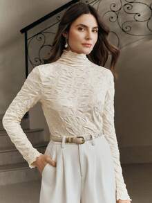 Anewsta Women's Solid Color Turtleneck Textured Long Sleeve Fashion T-Shirt - Apricot - View 5