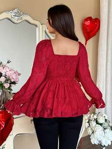 Vionelle Áo cánh dự tiệc tay dài cổ vuông Jacquard cỡ lớn màu sắc trang nhã và dễ thương dành cho nữ - Đỏ - Xem 2