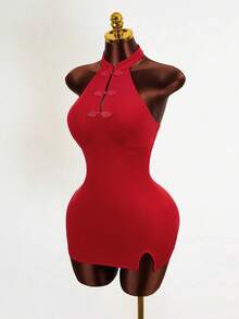 Mistrie 女士纯色简约休闲连衣裙 - 酒紅色 - 查看 4