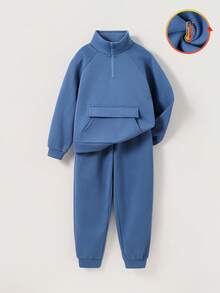 2pcs/Set Kids/Tween Boys' Blue Brushed Thick Crew Neck Sweatshirt And Pants Set, Autumn/Winter - Dusty Blue - View 4