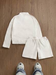 SWAVVY 男士极简印花长袖套头卫衣和短裤套装 - 白色 - 查看 2