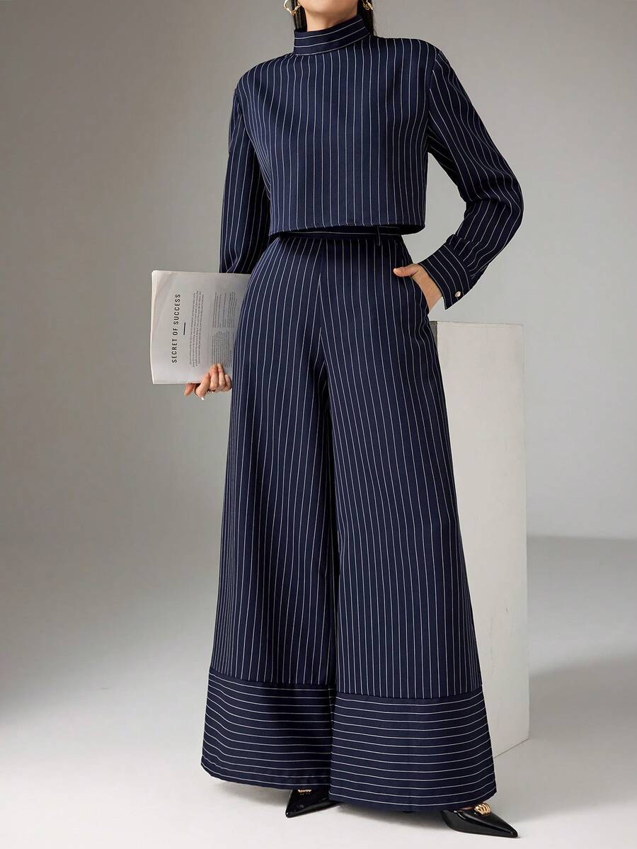 Heiryn Women's Elegant Striped Long Sleeve Top & Pants 2 Pieces Set Tall Two Piece Set Wide Leg Pants Set Modest Two Piece Set Two Piece Set Women Elegant - Blue - View 1