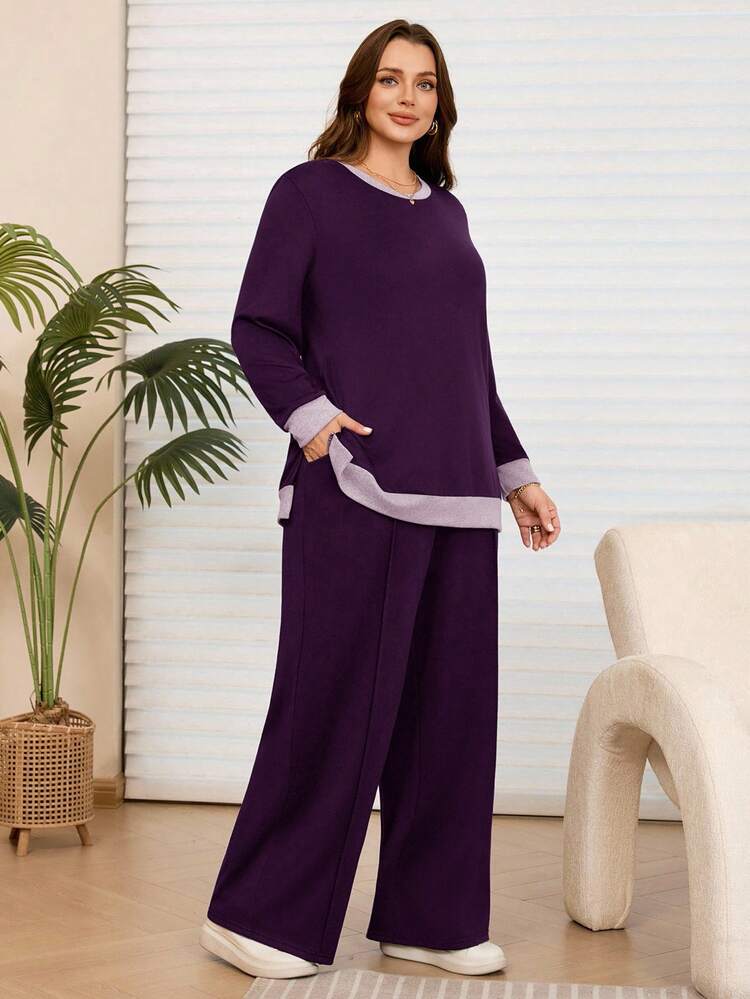 Plus Size Women's Winter Casual Purple Contrast Color Hoodie And Sweatpants Set With Pockets, Autumn/Winter,Plus Size Women Fall/Winter Casual Long Sleeve Contrast Color Hoodie And Sweatpants Set With Pockets, Autumn/Winter,2pcs Plus Size Women Fall Casual Black Contrast Color Hoodie And Sweatpants Set With Pockets, Autumn/Winter, 2 Pieces Lounge Sets Woman, Women Plus Clothing Sets,Going Out Outfits,2025 New Clothes,Simple And Fashionable For Everyday Wear,Plus Size Winter Clothes, Modest Two Pieces Set, Comfortable Two Pieces Set, Modest Sets For Women, Wide Leg Pants Set,Comfortable And Breathable, Women Lounge Set, Plus Size Pants Suit, Two Pieces Set Women Comfy,Valentine's Day,Going Out Outfits,2026 New Clothes,Simple And Fashionable For Everyday Wear,Early Spring, Purple Sets For Women, 2 Piece Lounge Sets Woman, Loungewear Women, Lounge Sets Plus Size,Vacation Outfits Women ,Holiday Outfits For Women,Spring Outfit Women,Valentine's Day ,Valentine Outfits For Women