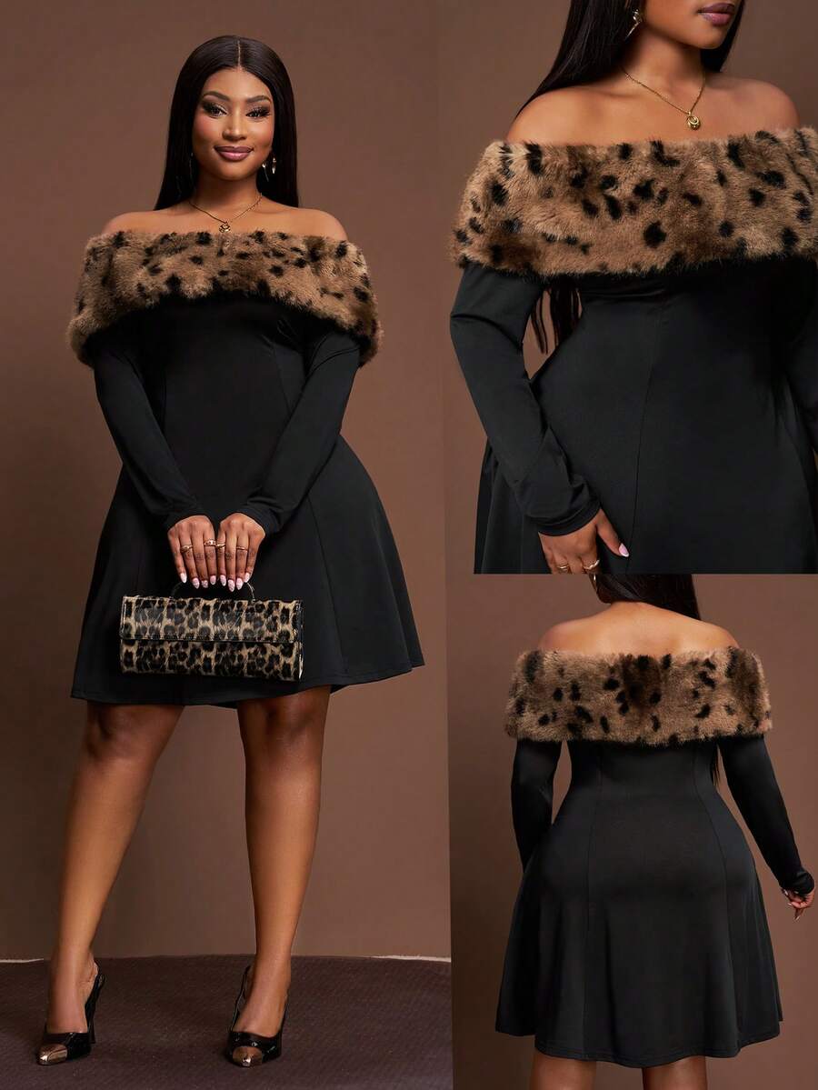 Veslaya 2025 New Autumn/Winter Faux Fur Patchwork Off Shoulder Long Sleeve A-Line Dress, Suitable For Party, Outing, Daily Wear, Gathering, Nightclub Plus Size Black Dress Curvy Black Dress Black Off Shoulder Dress Plus Size Leopard Trim Dress Black Skater Dress